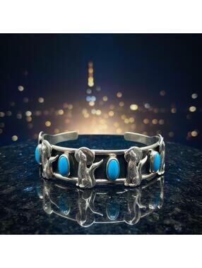 Navajo RB Running Bear Sterling Silver Howling Wolf Turquoise Cuff 27.5g
